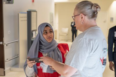 June 20, 2019 -- Abu Dhabi -- Student Ambassador Maryam Saleel  (center) with Eeva Liisa Langille. Patient screening takes place in Abu Dhabi ahead of two days of surgeries organized by Operation Smile UAE to repair cleft lips and palates. Image Courtesy Operation Smile UAE