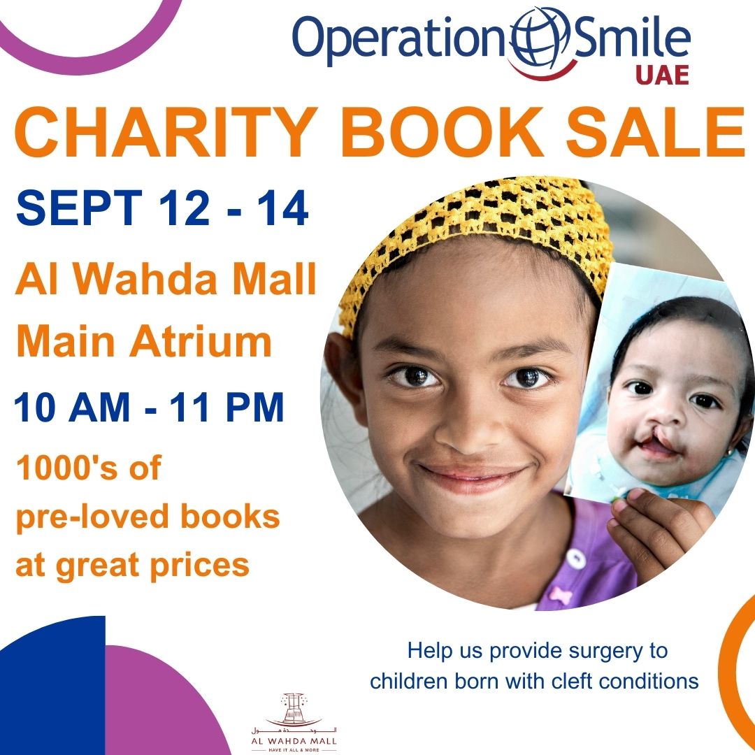 poster for charity book sale in Al Wahda Mall Abu Dhabi for Sept 12- 14, 2024